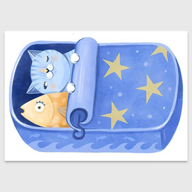 Поздравительная открытка с принтом Сладкие сны в Тюмени, 100% бумага | плотность бумаги 280 г/м2, матовая, на обратной стороне линовка и место для марки
 | Тематика изображения на принте: арт | звезда | звёзды | консервы | кот | котик | кошка | ночь | рисунок | рыба | рыбка | сны | сон | спокойной ночи
