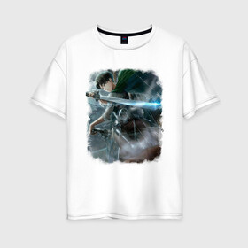 Женская футболка хлопок Oversize с принтом Леви в Тюмени, 100% хлопок | свободный крой, круглый ворот, спущенный рукав, длина до линии бедер
 | attack on titan | levi | ерен | леви | леви акерман | микаса | титаны
