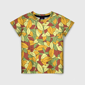 Детская футболка 3D с принтом Яркие осенние листья в Тюмени, 100% гипоаллергенный полиэфир | прямой крой, круглый вырез горловины, длина до линии бедер, чуть спущенное плечо, ткань немного тянется | желтые | зеленые | золотая | красные | листья | осенний | осень | яркие