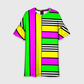 Детское платье 3D с принтом полосатый неоновый модный узор в Тюмени, 100% полиэстер | прямой силуэт, чуть расширенный к низу. Круглая горловина, на рукавах — воланы | желтый неоновый | молодежный | неон | неоновый | неоновый зеленый | полосатый | разноцветный | розовый неоновый
