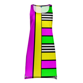 Платье-майка 3D с принтом полосатый неоновый модный узор в Тюмени, 100% полиэстер | полуприлегающий силуэт, широкие бретели, круглый вырез горловины, удлиненный подол сзади. | желтый неоновый | молодежный | неон | неоновый | неоновый зеленый | полосатый | разноцветный | розовый неоновый
