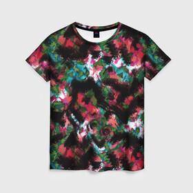 Женская футболка 3D с принтом Гранжевый абстрактный узор в Тюмени, 100% полиэфир ( синтетическое хлопкоподобное полотно) | прямой крой, круглый вырез горловины, длина до линии бедер | абстрактный | гранж | красно малиновый | пестрый | пятна | размытый узор | современный | темный | черный