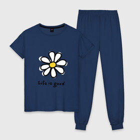 Женская пижама хлопок с принтом LIFE IS GOOD в Тюмени, 100% хлопок | брюки и футболка прямого кроя, без карманов, на брюках мягкая резинка на поясе и по низу штанин | life is good | жизнь | растение | ромашка | цветок | цветочки