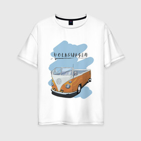Женская футболка хлопок Oversize с принтом VW Transporter в Тюмени, 100% хлопок | свободный крой, круглый ворот, спущенный рукав, длина до линии бедер
 | retrocar | volkswagen | vw | авто | автобус | винтаж | вольксваген | вольцваген | машины | ретрокар | транспортер | фольксваген | фольцваген