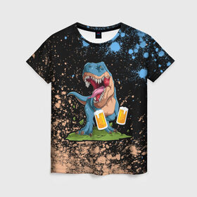 Женская футболка 3D с принтом Пивозавр - Краска в Тюмени, 100% полиэфир ( синтетическое хлопкоподобное полотно) | прямой крой, круглый вырез горловины, длина до линии бедер | dinosaur | pivo | pivozavr | взрыв | динозавр | краска | прикол