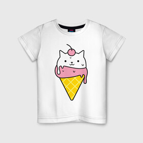Детская футболка хлопок с принтом Ice Cream Cat в Тюмени, 100% хлопок | круглый вырез горловины, полуприлегающий силуэт, длина до линии бедер | Тематика изображения на принте: animal | cat | cute | ice cream | kitty | meow | друг | животные | киска | кися | китти | кот | котенок | котик | котэ | кошечка | кошка | мороженое | мур | мяу | питомец