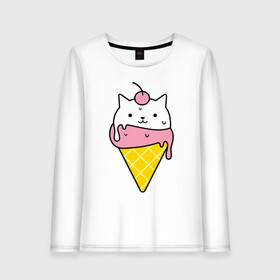 Женский лонгслив хлопок с принтом Ice Cream Cat в Тюмени, 100% хлопок |  | animal | cat | cute | ice cream | kitty | meow | друг | животные | киска | кися | китти | кот | котенок | котик | котэ | кошечка | кошка | мороженое | мур | мяу | питомец