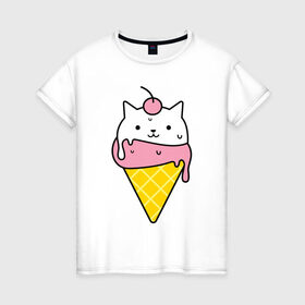 Женская футболка хлопок с принтом Ice Cream Cat в Тюмени, 100% хлопок | прямой крой, круглый вырез горловины, длина до линии бедер, слегка спущенное плечо | animal | cat | cute | ice cream | kitty | meow | друг | животные | киска | кися | китти | кот | котенок | котик | котэ | кошечка | кошка | мороженое | мур | мяу | питомец