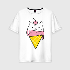 Женская футболка хлопок Oversize с принтом Ice Cream Cat в Тюмени, 100% хлопок | свободный крой, круглый ворот, спущенный рукав, длина до линии бедер
 | animal | cat | cute | ice cream | kitty | meow | друг | животные | киска | кися | китти | кот | котенок | котик | котэ | кошечка | кошка | мороженое | мур | мяу | питомец