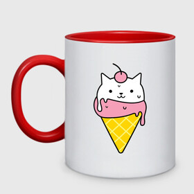 Кружка двухцветная с принтом Ice Cream Cat в Тюмени, керамика | объем — 330 мл, диаметр — 80 мм. Цветная ручка и кайма сверху, в некоторых цветах — вся внутренняя часть | animal | cat | cute | ice cream | kitty | meow | друг | животные | киска | кися | китти | кот | котенок | котик | котэ | кошечка | кошка | мороженое | мур | мяу | питомец