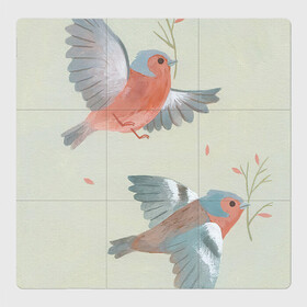 Магнитный плакат 3Х3 с принтом Весенние птицы в Тюмени, Полимерный материал с магнитным слоем | 9 деталей размером 9*9 см | арт | весенние птицы | весна | веточка | веточки | красные лепестки | красные цветы | красный лепесток | красный цветок | лепестки | лепесток | природа | птица | птицы | рисунок | цветок. цветы