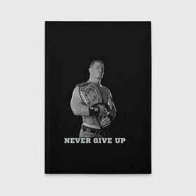 Обложка для автодокументов с принтом Never give up в Тюмени, натуральная кожа |  размер 19,9*13 см; внутри 4 больших “конверта” для документов и один маленький отдел — туда идеально встанут права | Тематика изображения на принте: джон сина | знаменитость | никогда не сдавайся | пояс | рестлинг | черно белый