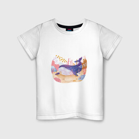 Детская футболка хлопок с принтом Отдыхающий кит в Тюмени, 100% хлопок | круглый вырез горловины, полуприлегающий силуэт, длина до линии бедер | арт | звезда | кит | кораллы | море | морская звезда | океан | песок | природа | рисунок | рыба | рыбки | рыбы | синий кит