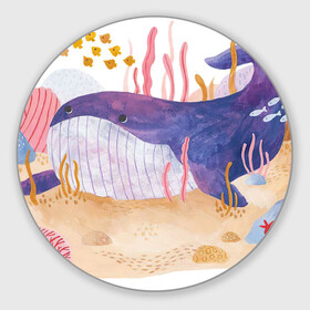 Коврик для мышки круглый с принтом Отдыхающий кит в Тюмени, резина и полиэстер | круглая форма, изображение наносится на всю лицевую часть | Тематика изображения на принте: арт | звезда | кит | кораллы | море | морская звезда | океан | песок | природа | рисунок | рыба | рыбки | рыбы | синий кит