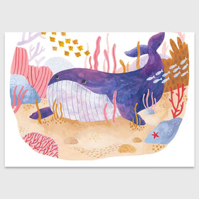 Поздравительная открытка с принтом Отдыхающий кит в Тюмени, 100% бумага | плотность бумаги 280 г/м2, матовая, на обратной стороне линовка и место для марки
 | Тематика изображения на принте: арт | звезда | кит | кораллы | море | морская звезда | океан | песок | природа | рисунок | рыба | рыбки | рыбы | синий кит