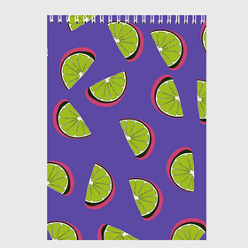 Скетчбук с принтом Лаймы в Тюмени, 100% бумага
 | 48 листов, плотность листов — 100 г/м2, плотность картонной обложки — 250 г/м2. Листы скреплены сверху удобной пружинной спиралью | зелёная | лайм | фиолетовая | фрукты | цитрус