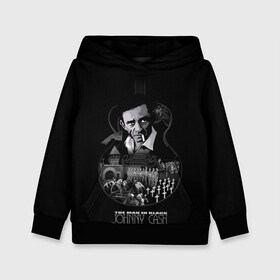 Детская толстовка 3D с принтом JOHNNY CASH в Тюмени, 100% полиэстер | двухслойный капюшон со шнурком для регулировки, мягкие манжеты на рукавах и по низу толстовки, спереди карман-кенгуру с мягким внутренним слоем | Тематика изображения на принте: black | blues | cash | dark | guitar | johnny | man | rock | usa | блюз | гитара | джони | джонни | кэш | музыка | разное | рок | сша | человек | черный