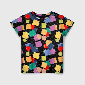Детская футболка 3D с принтом Заплатки на черном фоне  в Тюмени, 100% гипоаллергенный полиэфир | прямой крой, круглый вырез горловины, длина до линии бедер, чуть спущенное плечо, ткань немного тянется | веселый | детский | заплатки | модный | национальный | пэчворк | разноцветный | ретро | фольклор