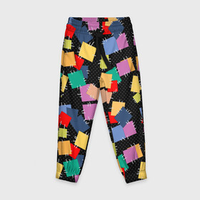 Детские брюки 3D с принтом Заплатки на черном фоне  в Тюмени, 100% полиэстер | манжеты по низу, эластичный пояс регулируется шнурком, по бокам два кармана без застежек, внутренняя часть кармана из мелкой сетки | веселый | детский | заплатки | модный | национальный | пэчворк | разноцветный | ретро | фольклор