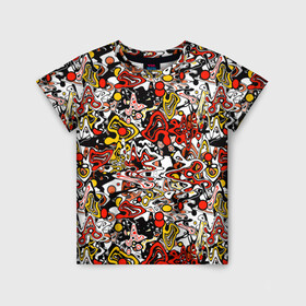 Детская футболка 3D с принтом Абстрактный разноцветный узор в Тюмени, 100% гипоаллергенный полиэфир | прямой крой, круглый вырез горловины, длина до линии бедер, чуть спущенное плечо, ткань немного тянется | абстрактный | граффити | желтый | красный | мазня | молодежный | популярный | разноцветный | рисунок | современный | черный