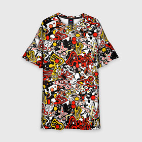 Детское платье 3D с принтом Абстрактный разноцветный узор в Тюмени, 100% полиэстер | прямой силуэт, чуть расширенный к низу. Круглая горловина, на рукавах — воланы | абстрактный | граффити | желтый | красный | мазня | молодежный | популярный | разноцветный | рисунок | современный | черный