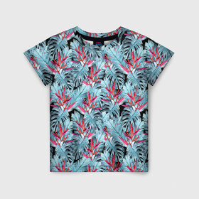 Детская футболка 3D с принтом Розово-голубой тропический  в Тюмени, 100% гипоаллергенный полиэфир | прямой крой, круглый вырез горловины, длина до линии бедер, чуть спущенное плечо, ткань немного тянется | Тематика изображения на принте: листья | листья монстеры | монстера | папоротник | пляжный | тропический | цветочный