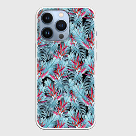 Чехол для iPhone 13 Pro с принтом Розово голубой тропический в Тюмени,  |  | Тематика изображения на принте: листья | листья монстеры | монстера | папоротник | пляжный | тропический | цветочный