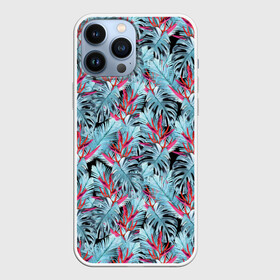 Чехол для iPhone 13 Pro Max с принтом Розово голубой тропический в Тюмени,  |  | Тематика изображения на принте: листья | листья монстеры | монстера | папоротник | пляжный | тропический | цветочный