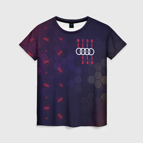 Женская футболка 3D с принтом Audi - Gearbox - Hexagon (Pattern) в Тюмени, 100% полиэфир ( синтетическое хлопкоподобное полотно) | прямой крой, круглый вырез горловины, длина до линии бедер | audi | auto | gearbox | logo | moto | quattro | sport | symbol | авто | автомобильные | ауди | кватро | лого | логотип | логотипы | марка | мото | паттерн | символ | соты | спорт | шильдик