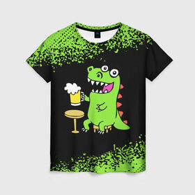 Женская футболка 3D с принтом Пивозавр - Краска в Тюмени, 100% полиэфир ( синтетическое хлопкоподобное полотно) | прямой крой, круглый вырез горловины, длина до линии бедер | dinosaur | pivo | pivozavr | динозавр | краска | прикол | спрей
