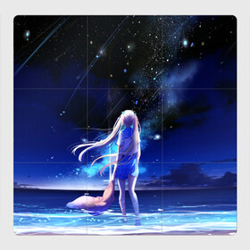 Магнитный плакат 3Х3 с принтом Animegirl Night Sea в Тюмени, Полимерный материал с магнитным слоем | 9 деталей размером 9*9 см | Тематика изображения на принте: аниме девушка | градиент | девочка | звезды | луна | море | на каждый день | небо | облака | океан | персонаж | синее | синий