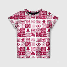 Детская футболка 3D с принтом Новогодний рождественский узор в Тюмени, 100% гипоаллергенный полиэфир | прямой крой, круглый вырез горловины, длина до линии бедер, чуть спущенное плечо, ткань немного тянется | белый и красный | зимний | красный | новогодний | пэчворк | рождественский | скандинавский | этнический узор