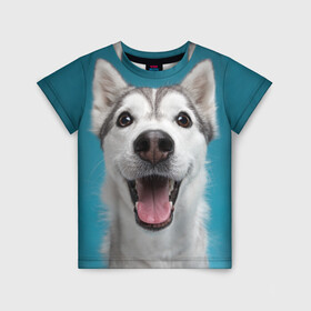 Детская футболка 3D с принтом Хаски в Тюмени, 100% гипоаллергенный полиэфир | прямой крой, круглый вырез горловины, длина до линии бедер, чуть спущенное плечо, ткань немного тянется | dog | дог | домашние животные | звери | сибирский хаски | собака | собаки | хаски