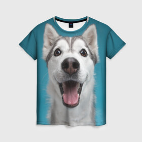 Женская футболка 3D с принтом Хаски в Тюмени, 100% полиэфир ( синтетическое хлопкоподобное полотно) | прямой крой, круглый вырез горловины, длина до линии бедер | dog | дог | домашние животные | звери | сибирский хаски | собака | собаки | хаски