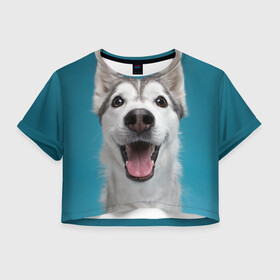 Женская футболка Crop-top 3D с принтом Хаски в Тюмени, 100% полиэстер | круглая горловина, длина футболки до линии талии, рукава с отворотами | dog | дог | домашние животные | звери | сибирский хаски | собака | собаки | хаски