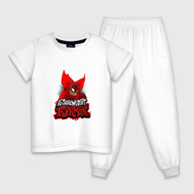 Детская пижама хлопок с принтом Friday Night Funkin Tricky в Тюмени, 100% хлопок |  брюки и футболка прямого кроя, без карманов, на брюках мягкая резинка на поясе и по низу штанин
 | black | character | clown | demon | fire | fnf | friday night funkin | red | tricky | white | белый | буквы | демон | игра | картинка | клоун | красный | логотип | микрофон | огонь | персонаж | рисовка | трещины | трики | фрайдей | черный