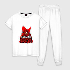 Женская пижама хлопок с принтом Friday Night Funkin Tricky в Тюмени, 100% хлопок | брюки и футболка прямого кроя, без карманов, на брюках мягкая резинка на поясе и по низу штанин | black | character | clown | demon | fire | fnf | friday night funkin | red | tricky | white | белый | буквы | демон | игра | картинка | клоун | красный | логотип | микрофон | огонь | персонаж | рисовка | трещины | трики | фрайдей | черный