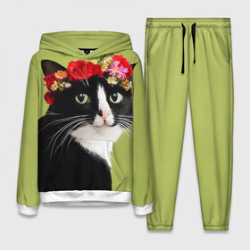 Женский костюм 3D (с толстовкой) с принтом Кот и цветы в Тюмени,  |  | cat | домашние животные | кот | коты | кошка | кошки | цветы | черный кот