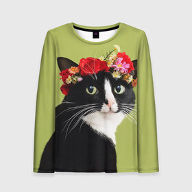 Женский лонгслив 3D с принтом Кот и цветы в Тюмени, 100% полиэстер | длинные рукава, круглый вырез горловины, полуприлегающий силуэт | cat | домашние животные | кот | коты | кошка | кошки | цветы | черный кот
