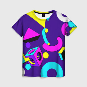 Женская футболка 3D с принтом Геометрические фигуры в Тюмени, 100% полиэфир ( синтетическое хлопкоподобное полотно) | прямой крой, круглый вырез горловины, длина до линии бедер | геометрический | красочный | мода | разноцветные 90 е | стиль | структура | текстура | ткань | узор | фон | цвет