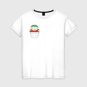 Женская футболка хлопок с принтом Картман в кармане в Тюмени, 100% хлопок | прямой крой, круглый вырез горловины, длина до линии бедер, слегка спущенное плечо | cartman | south park | мульт | мультфильм | эрик картман | южный парк