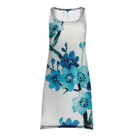 Платье-майка 3D с принтом Голубая сакура в Тюмени, 100% полиэстер | полуприлегающий силуэт, широкие бретели, круглый вырез горловины, удлиненный подол сзади. | акварель | белый | нежный | растительное | рисунок | цветочный | цветы