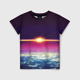 Детская футболка 3D с принтом МЕЖДУ НЕБОМ И ЗЕМЛЁЙ в Тюмени, 100% гипоаллергенный полиэфир | прямой крой, круглый вырез горловины, длина до линии бедер, чуть спущенное плечо, ткань немного тянется | земля | космос | лучи. звёзды | облака | рассвет | солнце
