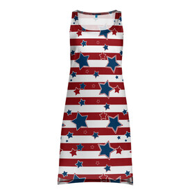 Платье-майка 3D с принтом Синие звезды на полосатом фоне в Тюмени, 100% полиэстер | полуприлегающий силуэт, широкие бретели, круглый вырез горловины, удлиненный подол сзади. | звезды | красные полосы | молодежный | патриотический | полосатый | синий | синий и красный | современный