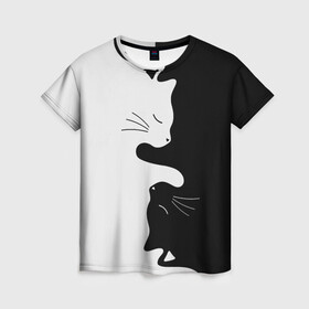 Женская футболка 3D с принтом Коты инь янь в Тюмени, 100% полиэфир ( синтетическое хлопкоподобное полотно) | прямой крой, круглый вырез горловины, длина до линии бедер | cat | домашние животные | звери | инь и янь | инь янь | кот | коты | кошка | кошки | черно белое | чернобелое | черное и белое