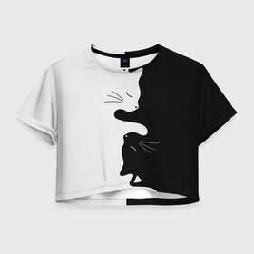 Женская футболка Crop-top 3D с принтом Коты инь янь в Тюмени, 100% полиэстер | круглая горловина, длина футболки до линии талии, рукава с отворотами | cat | домашние животные | звери | инь и янь | инь янь | кот | коты | кошка | кошки | черно белое | чернобелое | черное и белое