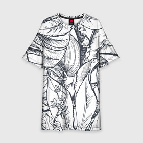 Детское платье 3D с принтом Тропические листья в Тюмени, 100% полиэстер | прямой силуэт, чуть расширенный к низу. Круглая горловина, на рукавах — воланы | plants | растения | тропические листья | цветы | чёрно белые листья