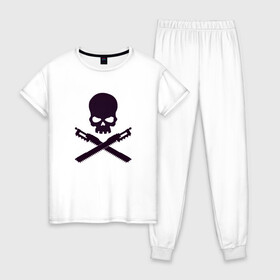 Женская пижама хлопок с принтом Warhammer Roger в Тюмени, 100% хлопок | брюки и футболка прямого кроя, без карманов, на брюках мягкая резинка на поясе и по низу штанин | chainsword | jolly roger | pirate | skull | warhammer | вархаммер | пиломеч | пиратский флаг | череп