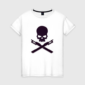 Женская футболка хлопок с принтом Warhammer Roger в Тюмени, 100% хлопок | прямой крой, круглый вырез горловины, длина до линии бедер, слегка спущенное плечо | Тематика изображения на принте: chainsword | jolly roger | pirate | skull | warhammer | вархаммер | пиломеч | пиратский флаг | череп