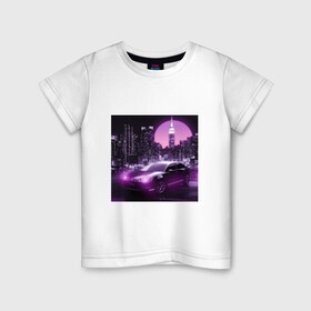 Детская футболка хлопок с принтом Neon Citroen в Тюмени, 100% хлопок | круглый вырез горловины, полуприлегающий силуэт, длина до линии бедер | Тематика изображения на принте: citroen | city | neon | sunset | авто | город | закат | неон | ночь | ситроен